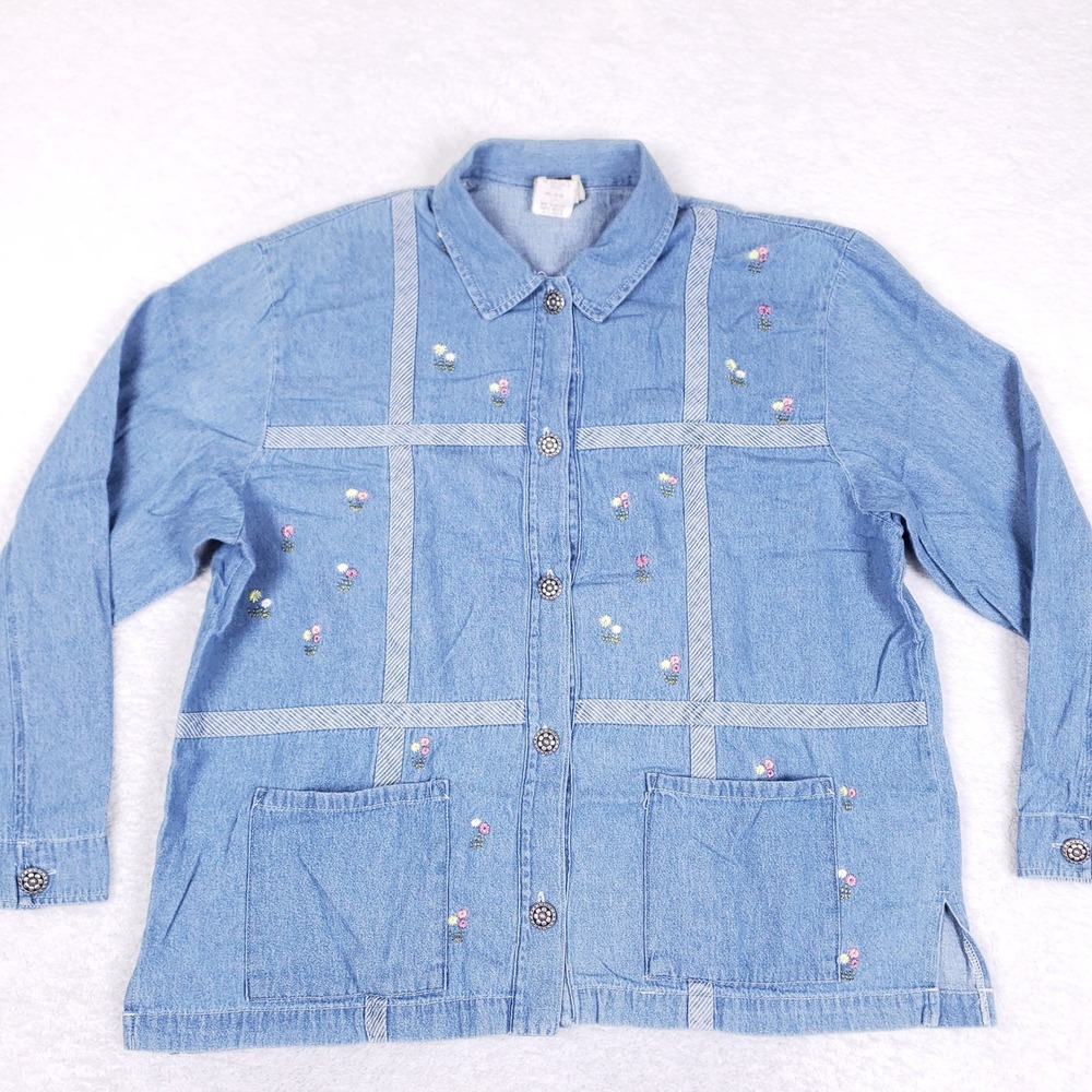 TEDDI VTG Embroidered Denim Jacket Women XL Floral Cottagecore Button Up Shirt